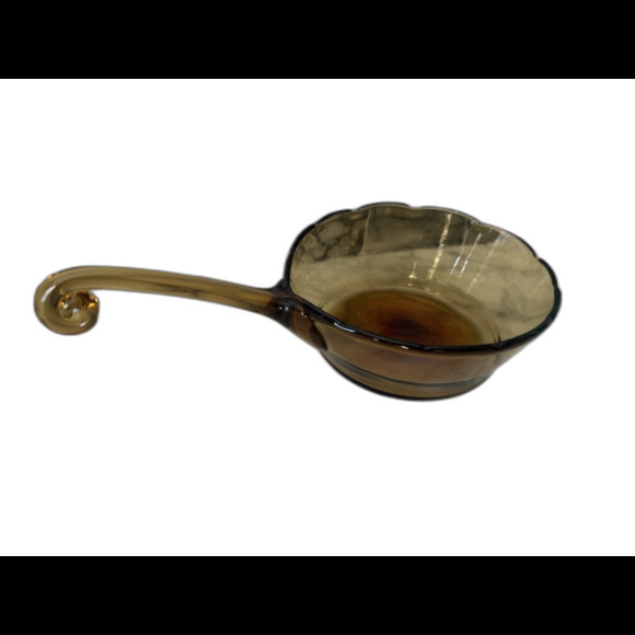 Vintage Scalloped Amber Art Glass Bowl Applied Curled Handle Hand Blown - Picture 6 of 6